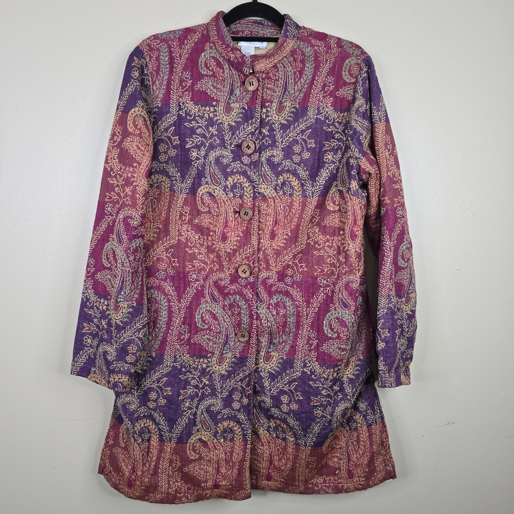 Coldwater Creek vintage bohemian multi color pasiley print long coat size  L